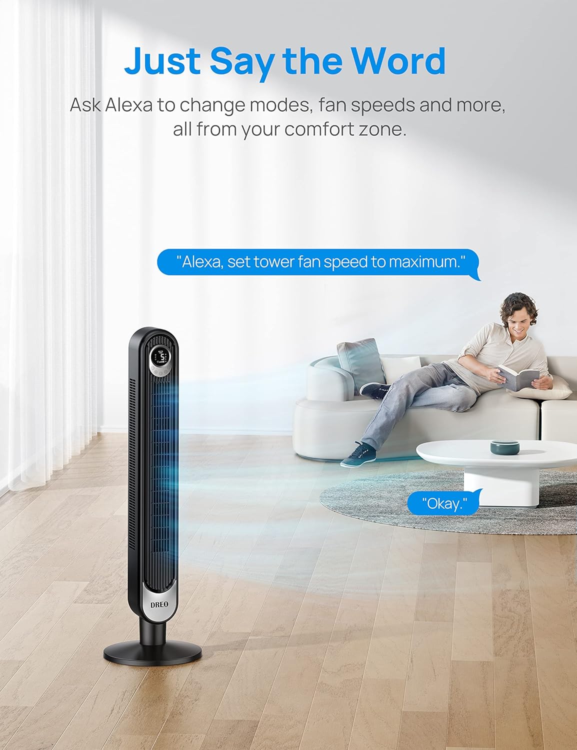 Dreo Tower Fan for Bedroom, 90° Oscillating Standing Fan, 30ft far, 28dB Quiet for Sleep, 6 Speeds, 4 Modes, 12H Timer, 42 Inch, Bladeless, Remote, for Home, Office, Room, Cruiser Pro T1