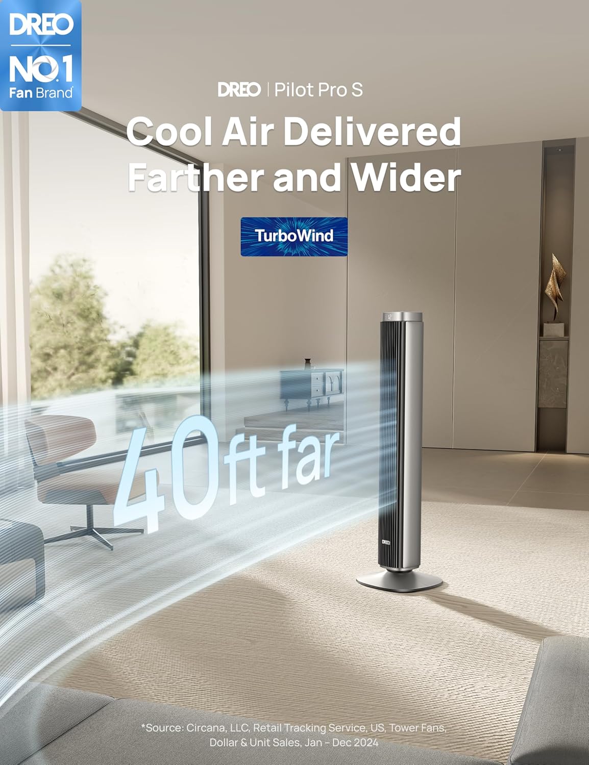 Dreo Tower Fan for Bedroom, 90° Oscillating Standing Fan with 40ft Far Airflow, 25dB Ultra Quiet DC Motor, 28ft/s Velocity, 12 Speeds, 42 inch, Smart Control, 4 Modes, 12H Timer, Pilot Pro S